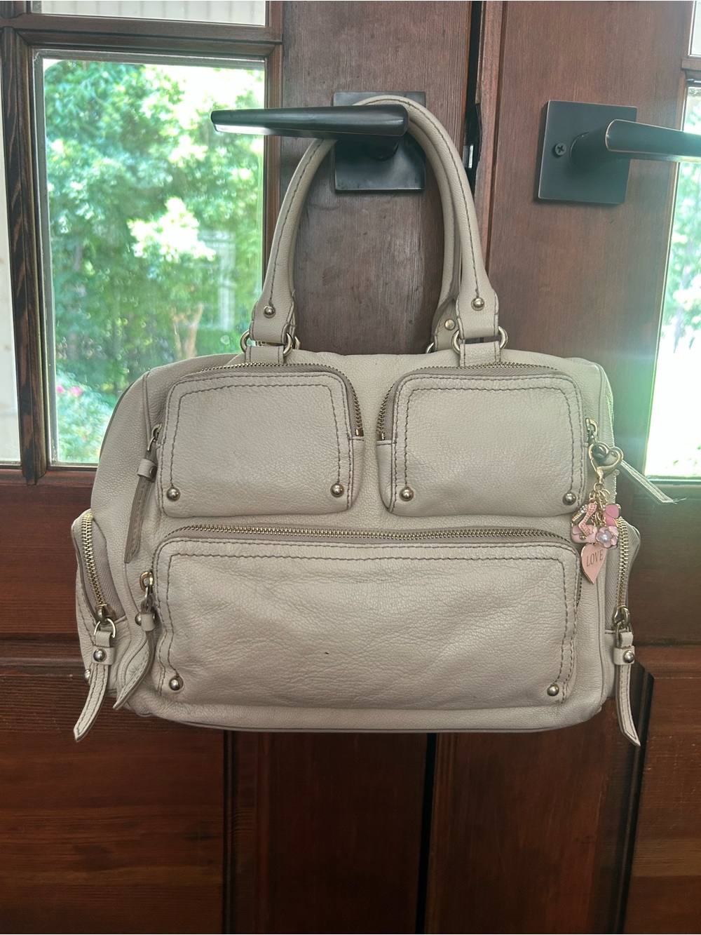 Kate Spade Cream Pebbled Leather Multi Pocket Satchel Shoulder Bag w/ charm